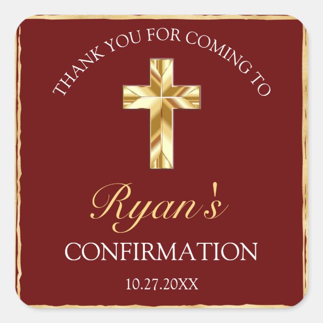 Elegant Burgundy Gold Cross Confirmation Thank You Square Sticker (Front)