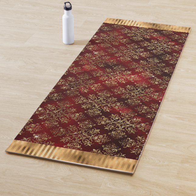 Elegant Burgundy Gold Damask Yoga Mat (In Situ)