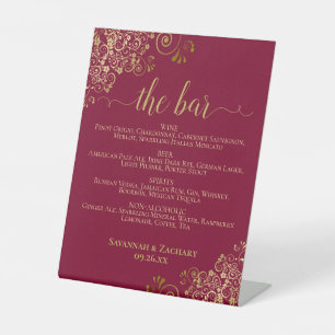 Elegant Burgundy & Gold Drinks or Bar Menu Wedding Pedestal Sign