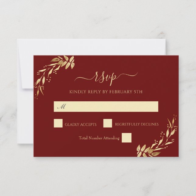 Elegant Burgundy Gold Eucalyptus Foliage Wedding RSVP Card (Front)