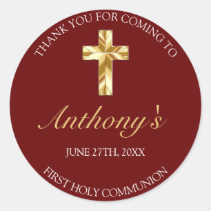 Elegant Burgundy Gold First Communion Thank You Classic Round Sticker