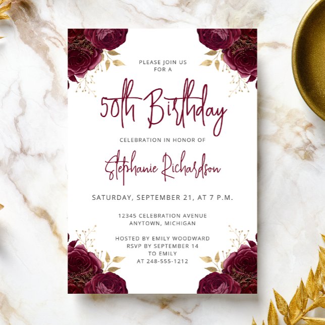 Elegant Burgundy Gold Floral 50th Birthday Party Invitation (Creator Uploaded)