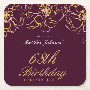 Elegant Burgundy Gold Floral Birthday Party Square Paper Coaster
