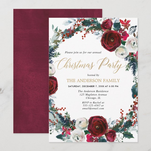 Elegant burgundy gold floral Christmas party Invitation (Front/Back)