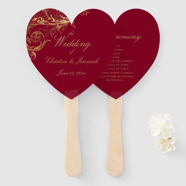 Elegant Burgundy Gold Floral Damask Script Wedding Hand Fan (Front and Back)