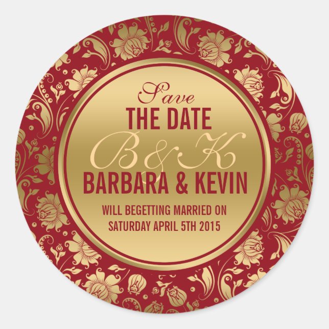 Elegant Burgundy & Gold Floral Damasks Classic Round Sticker (Front)