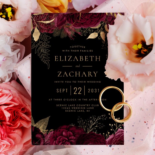 Elegant Burgundy Gold Floral Dark Wedding Invitation (Creator Uploaded)