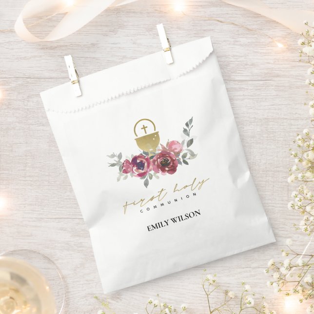 ELEGANT BURGUNDY GOLD FLORAL FIRST HOLY COMMUNION FAVOUR BAGS (Clipped)