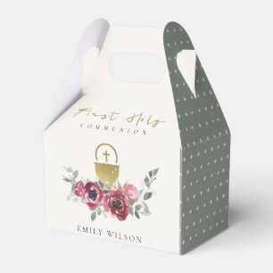 ELEGANT BURGUNDY GOLD FLORAL FIRST HOLY COMMUNION FAVOUR BOX