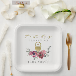 ELEGANT BURGUNDY GOLD FLORAL FIRST HOLY COMMUNION PAPER PLATE