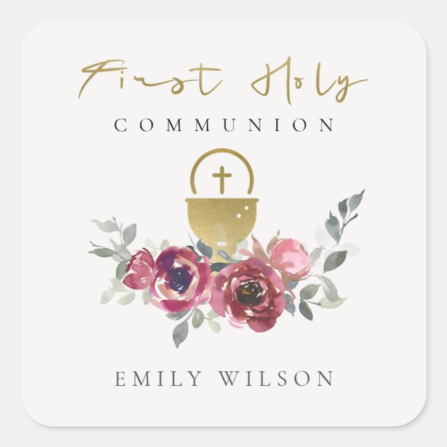 ELEGANT BURGUNDY GOLD FLORAL FIRST HOLY COMMUNION SQUARE STICKER (Front)