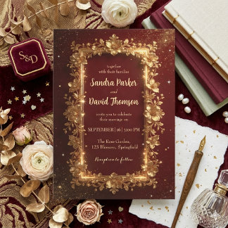 Elegant Burgundy & Gold Floral Frame Wedding  Invitation