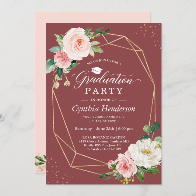 Elegant Burgundy Gold Floral Graduation Party Invitation (Front/Back)