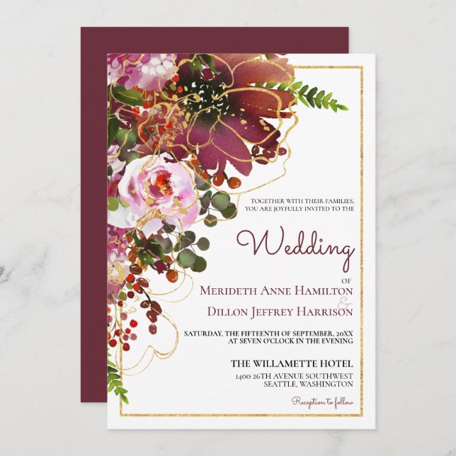 Elegant Burgundy Gold Floral Modern Wedding Invitation (Front/Back)
