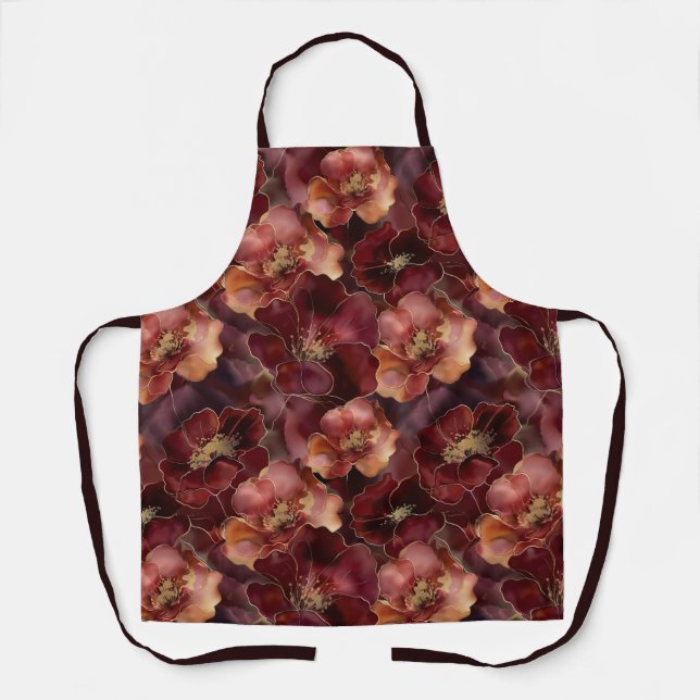 Elegant burgundy gold floral pattern apron (Front)