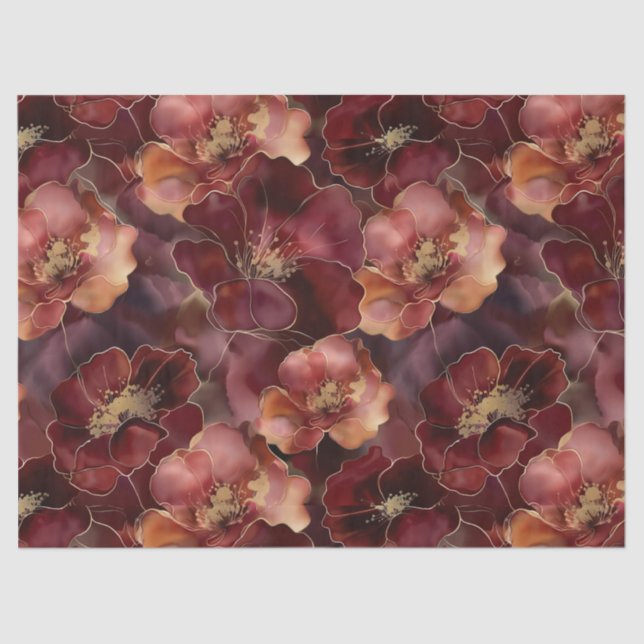 Elegant burgundy gold floral pattern tissue paper (Front)