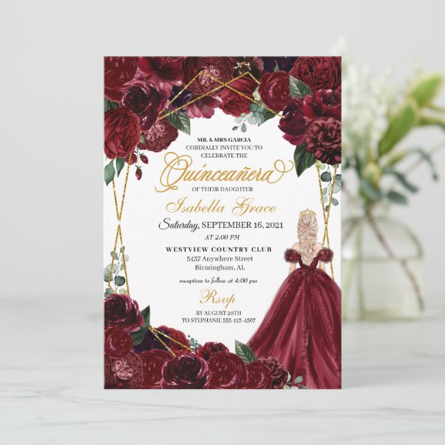 Elegant Burgundy & Gold Floral Quinceanera  Invita Invitation (Standing Front)