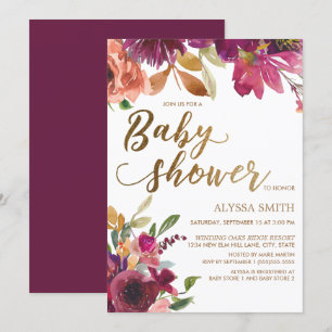 Elegant Burgundy Gold Floral Script Baby Shower Invitation