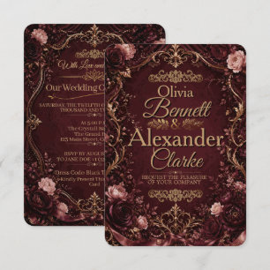 Elegant Burgundy Gold Floral Vintage Wedding Invitation