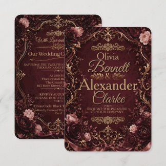 Elegant Burgundy Gold Floral Vintage Wedding Invitation