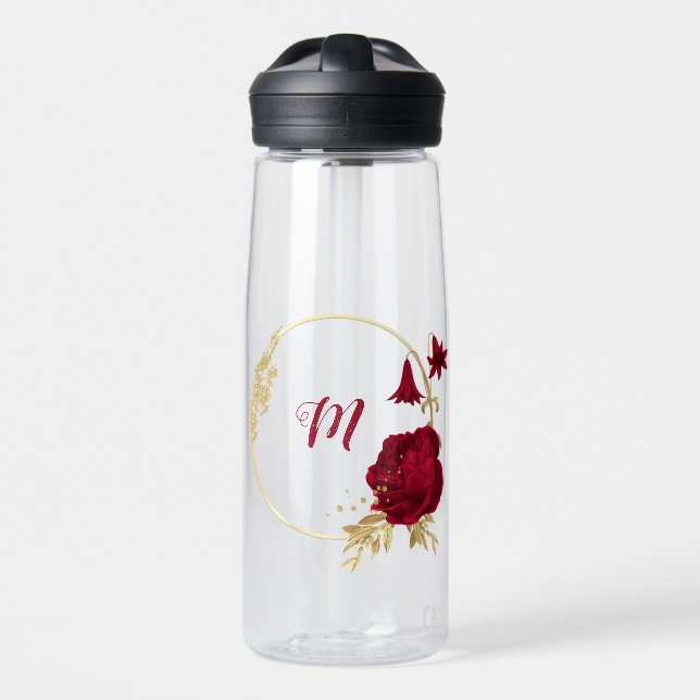 Elegant burgundy gold floral  water bottle (Front)