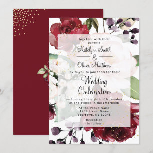 Elegant Burgundy & Gold Floral Watercolor Wedding Invitation