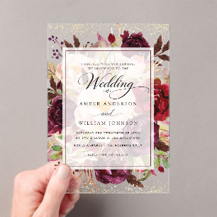 Elegant Burgundy Gold Floral Wedding Acrylic Invitations