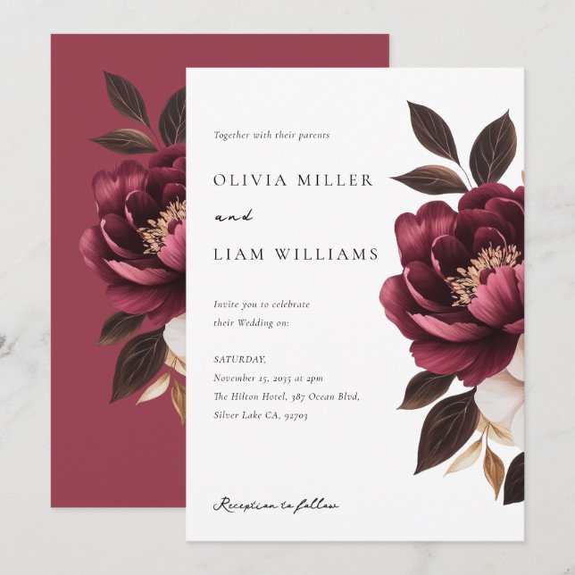 Elegant Burgundy Gold Floral Wedding Invitation (Front/Back)