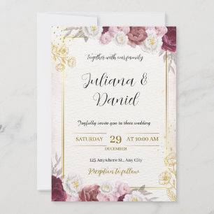 Elegant Burgundy & Gold Floral Wedding Invitation
