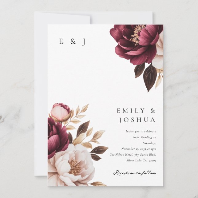 Elegant Burgundy Gold Floral Wedding Invitation (Front)