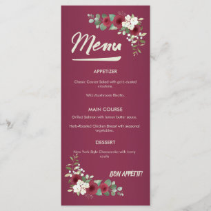 Elegant Burgundy Gold Floral Wedding Menu Card
