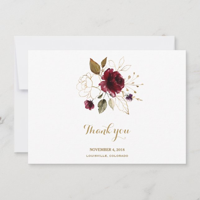 Elegant Burgundy Gold Floral Wedding Thank You (Front)