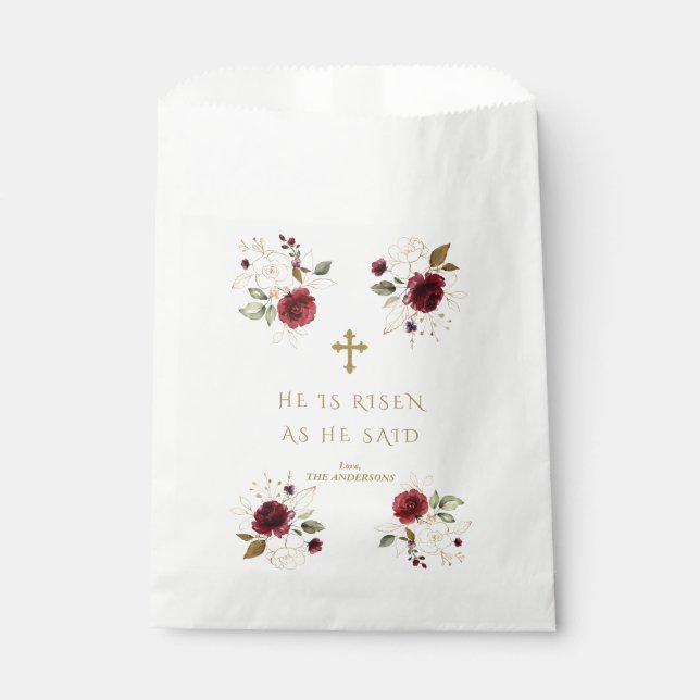 Elegant Burgundy Gold Flowers He Is Risen Easter   Favour Bags (Front)