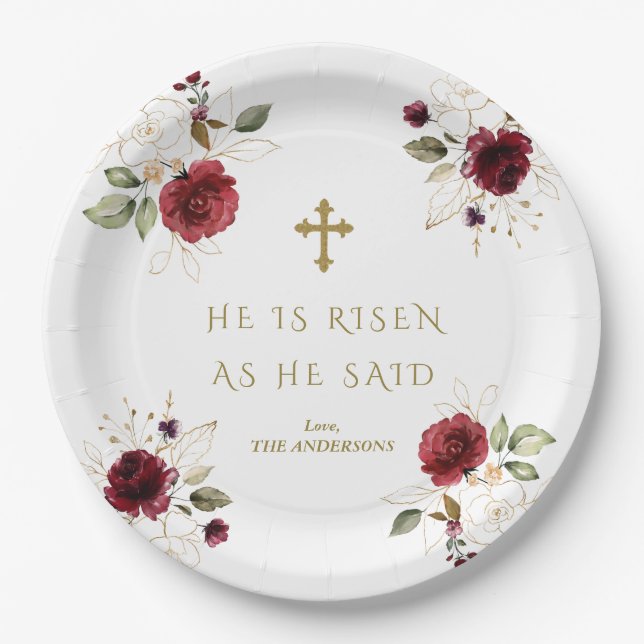Elegant Burgundy Gold Flowers He Is Risen Easter   Paper Plate (Front)
