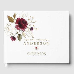 Elegant Burgundy Gold Flowers Monogram Wedding Guest Book