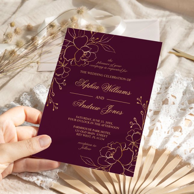Elegant Burgundy & Gold Flowers Wedding Invitation (Creator Uploaded)