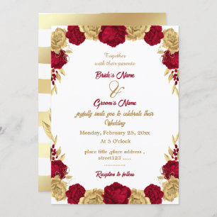 Elegant burgundy & gold flowers wedding invitation