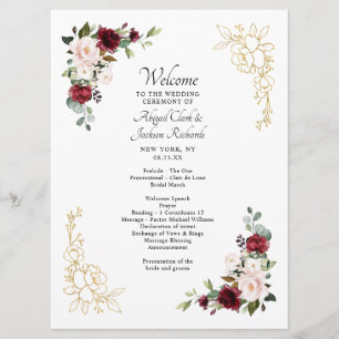 Elegant Burgundy Gold Foil Floral Wedding Ceremony Programme