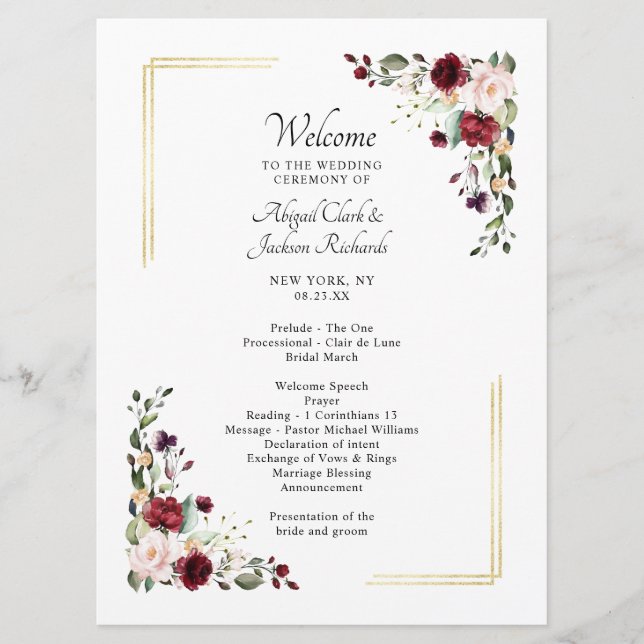Elegant Burgundy Gold Foil Floral Wedding Ceremony Programme (Front)