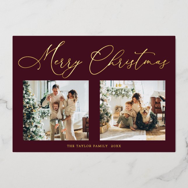 Elegant Burgundy Gold Foil Merry Christmas Foil Holiday Card (Front)