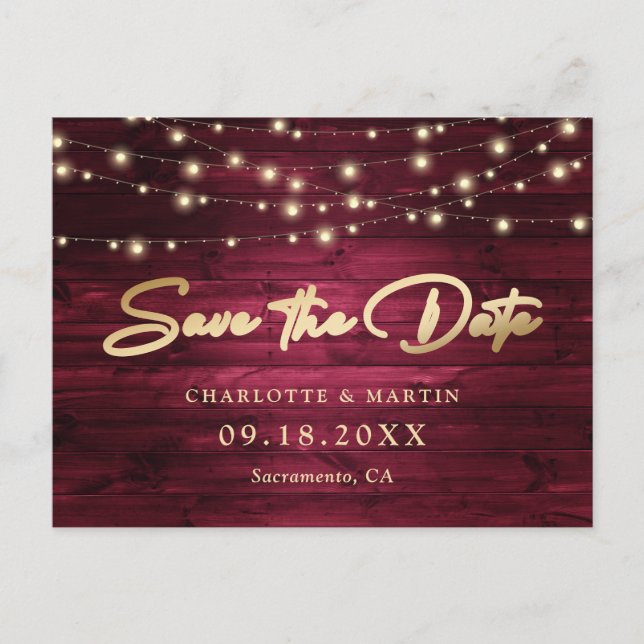 Elegant Burgundy Gold Foil Wood Save The Date Announcement Postcard (Front)