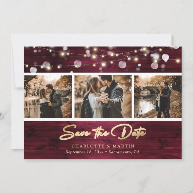 Elegant Burgundy Gold Foil Wood Wedding Photo Save The Date (Front)