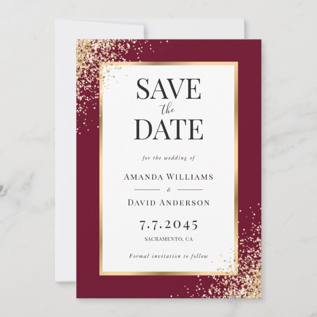 Elegant Burgundy Gold Frame Confetti Wedding Save The Date (Front)