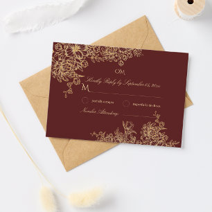 Elegant Burgundy & Gold Garden Floral Wedding RSVP Card