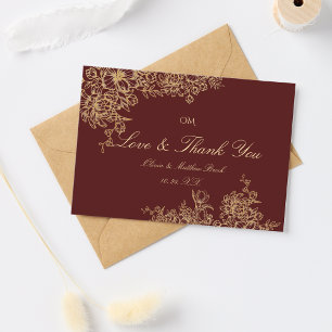 Elegant Burgundy & Gold Garden Floral Wedding Thank You Card