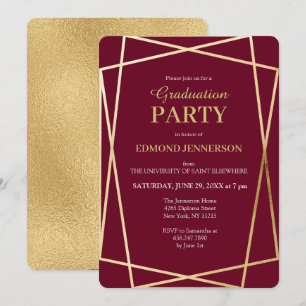 Elegant Burgundy Gold Geometric Graduation Party Invitation