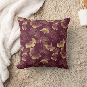 Elegant Burgundy Gold Ginko Leaves  Cushion