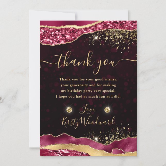 Elegant Burgundy & Gold Glam Tears Edges Birthday Thank You Card (Front)