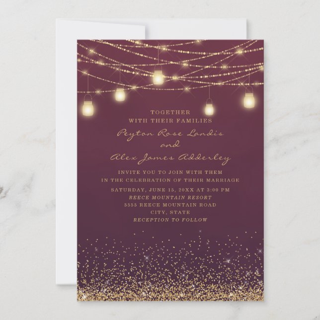 Elegant Burgundy Gold Glitter String Light Wedding Invitation (Front)