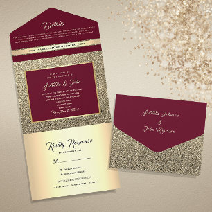 Elegant Burgundy Gold Glitter Wedding All In One Invitation